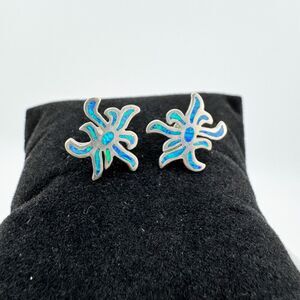 925 Sterling Silver Opal Inlay Blue Abstract Starburst Stud Earrings Southwester